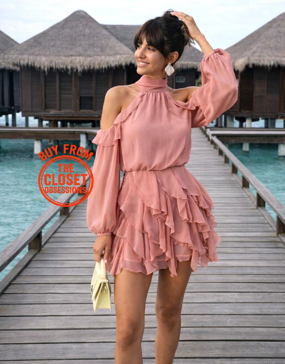 Zara NWT Pink Ruffle Cold Shoulder Halter Mini Dress L